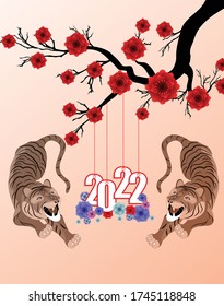 Chinese new year 2022 - year of the Tiger. Lunar New Year banner design template.  Zodiac sign. Abstract flower texture.  Horoscope symbol 2022 