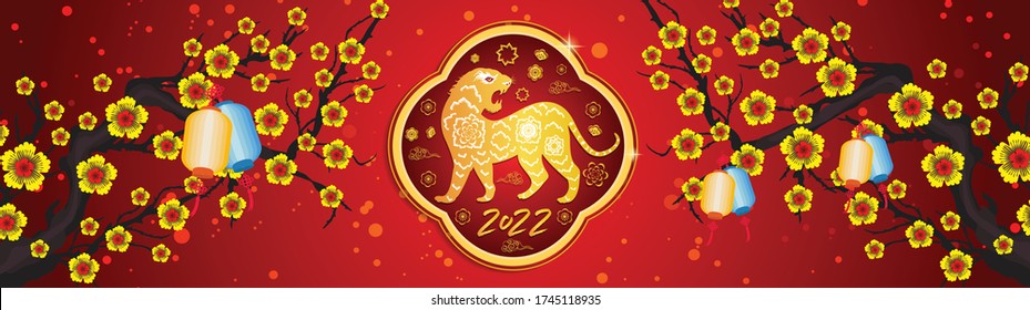 Chinese new year 2022 - year of the Tiger. Lunar New Year banner design template.  Zodiac sign. Abstract flower texture.  Horoscope symbol 2022 