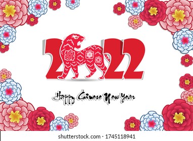 Chinese new year 2022 - year of the Tiger. Lunar New Year banner design template.  Zodiac sign. Abstract flower texture.  Horoscope symbol 2022 