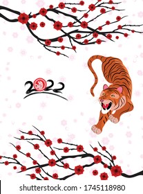 Chinese new year 2022 - year of the Tiger. Lunar New Year banner design template.  Zodiac sign. Abstract flower texture.  Horoscope symbol 2022 