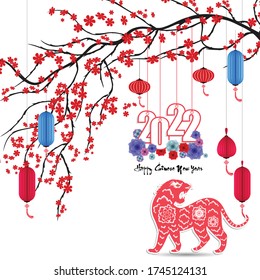 Chinese new year 2022 - year of the Tiger. Lunar New Year banner design template.  Zodiac sign. Abstract flower texture.  Horoscope symbol 2022 