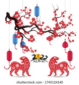Chinese new year 2022 - year of the Tiger. Lunar New Year banner design template.  Zodiac sign. Abstract flower texture.  Horoscope symbol 2022 