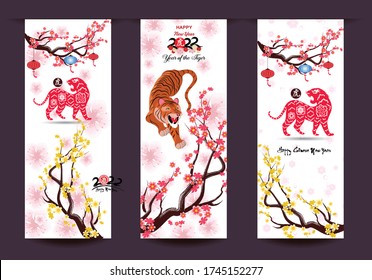 Chinese new year 2022 - year of the Tiger. Lunar New Year banner design template.  Zodiac sign. Abstract flower texture.  Horoscope symbol 2022 (Chinese translation : Tiger)