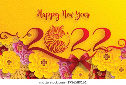 Chinese new year 2022 year of the tiger red and gold flower and asian elements paper cut with craft style on background.( translation : chinese new year 2022, year of tiger )