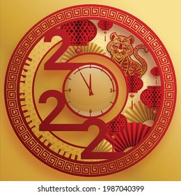 Chinese new year 2022 year of the tiger red and gold flower and asian elements paper cut with craft style on background.( translation : chinese new year 2022, year of tiger )