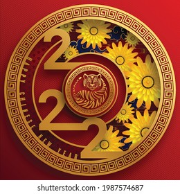 Chinese new year 2022 year of the tiger red and gold flower and asian elements paper cut with craft style on background.( translation : chinese new year 2022, year of tiger )