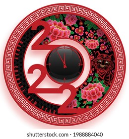 Chinese new year 2022 year of the tiger red and gold flower and asian elements paper cut with craft style on background.( translation : chinese new year 2022, year of tiger )