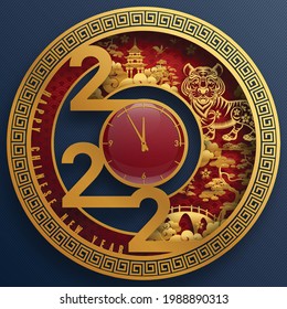 Chinese new year 2022 year of the tiger red and gold flower and asian elements paper cut with craft style on background.( translation : chinese new year 2022, year of tiger )