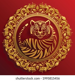 Chinese new year 2022 year of the tiger red and gold flower and asian elements paper cut with craft style on background.( translation : chinese new year 2022, year of tiger )