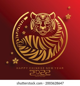 Chinese new year 2022 year of the tiger red and gold flower and asian elements paper cut with craft style on background.( translation : chinese new year 2022, year of tiger )