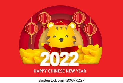 Chinese new year 2022 year of the tiger greeting card in paper cut style