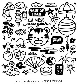 Chinese New Year 2022 Tiger Zodiac doodle cute vector hand dawing