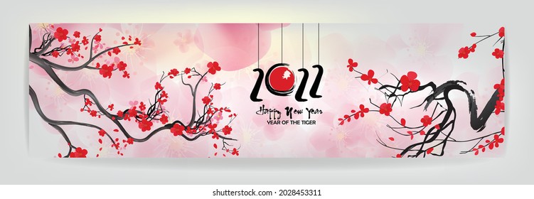 Chinese new year 2022 year of the tiger red and gold flower and asian elements paper cut with craft style on background.( translation : chinese new year 2022, year of tiger )