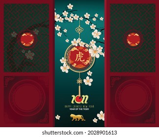 Chinese new year 2022 year of the tiger red and gold flower and asian elements paper cut with craft style on background.( translation : chinese new year 2022, year of tiger )