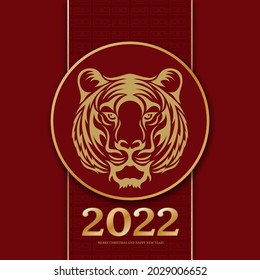 Chinese new year 2022 year of the tiger red and gold flower and asian elements paper cut with craft style on background. translation : merry christmas and happy new year