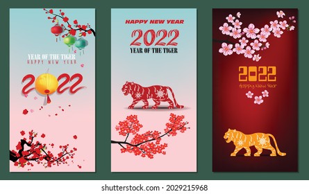 Chinese new year 2022 year of the tiger red and gold flower and asian elements paper cut with craft style on background.( translation : chinese new year 2022, year of tiger )