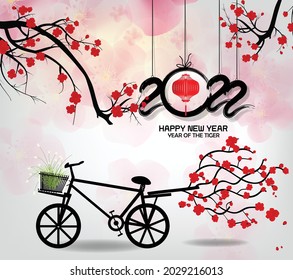 Chinese new year 2022 year of the tiger red and gold flower and asian elements paper cut with craft style on background.( translation : chinese new year 2022, year of tiger )