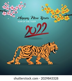 Chinese new year 2022 year of the tiger red and gold flower and asian elements paper cut with craft style on background.( translation : chinese new year 2022, year of tiger )