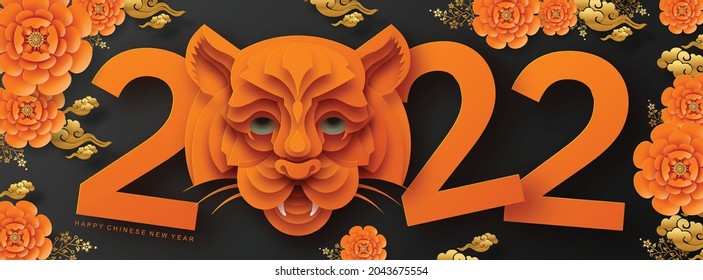 Chinese new year 2022 year of the tiger red and gold flower and asian elements paper cut with craft style on background.( translation : chinese new year 2022, year of tiger )
