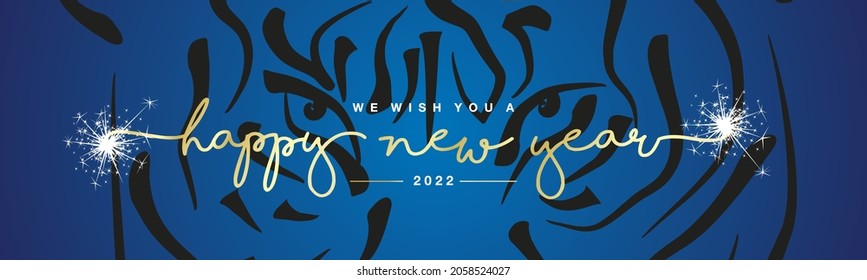 Chinese New Year 2022 year of the tiger golden handwritten typography blue background with black tiger face draw new year greeting card