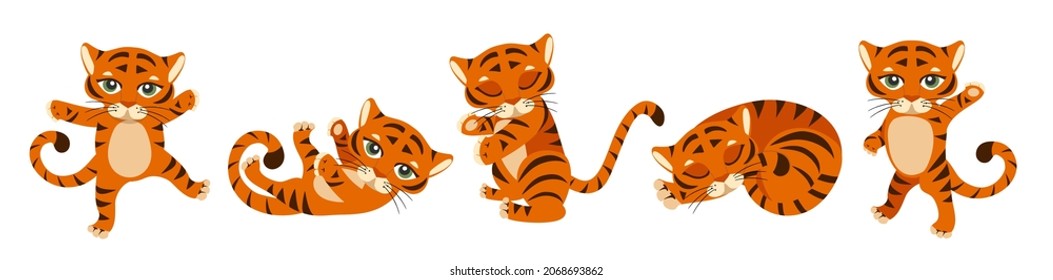 Chinese New Year 2022 year of the tiger. Set of cute tigers in different poses in cartoon on white background. Fits for designing kids clothes, greeting cards, banners, posters. Vector illustration