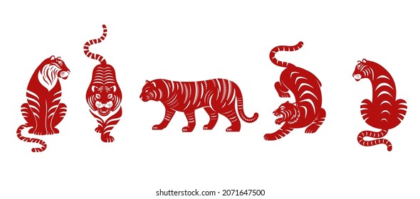 Año nuevo chino 2022 año del tigre - Colección de símbolo rojo tradicional chino de zodiaco, ilustraciones, elementos de arte. , Concepto de año nuevo lunar, diseño moderno