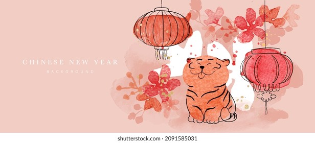 Chinese new year 2022 year of the tiger watercolor background vector. Cute tiger and Chinese lamp, flower on oriental festive red watercolor theme background.