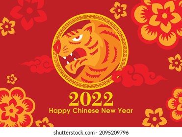 Chinese New Year 2022. Year of the tiger. Paper cut of tiger garphic symbol and oriental floral ornaments on greeting card banner