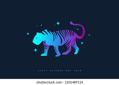 Chinese New Year 2022 Year of The Tiger. Chinese New Year Banner with Colorful Tiger Illustration and Stars Isolated on Dark Background. 2022 Chinese Zodiac Sign Tiger