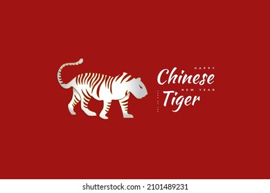Chinese New Year 2022 Year of The Tiger. Chinese New Year Banner with White and Gold Tiger Illustration Isolated on Red Background. 2022 Chinese Zodiac Sign Tiger
