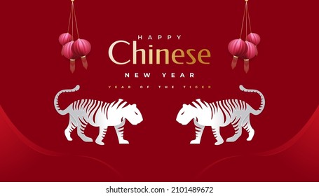 Chinese New Year 2022 Year of The Tiger. Chinese New Year Banner with White Tiger Illustration and Red Lanterns Isolated on Red Background. 2022 Chinese Zodiac Sign Tiger