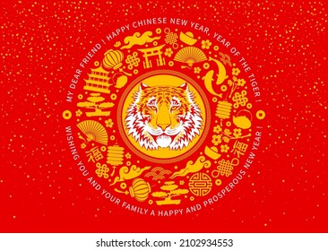 Chinese New Year 2022, year of the tiger, greeting template with tigers face and traditional and festive subjects, arranged in the circle. Character mean Good luck. Vector illustration. 