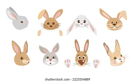 Chinese New Year 2023 adorable rabbit's faces, heads. Set of cute cartoon animals hares portraits on white. Fits for designing kids clothes, greeting cards, banner, poster. Vector illustration