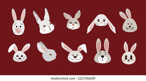 Chinese New Year 2023 adorable rabbit's faces, heads. Set of cute cartoon animals hare portraits on red background. Fits for designing kids clothes, greeting card, banner, poster. Vector illustration
