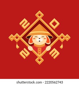 Chinese New Year 2023 Asian rabbit in cone hat at geometric frame isometric greeting card vector illustration. Oriental holiday congratulations rhombus frame China bunny hare prosperity fortune poster