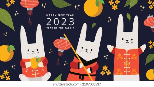 Chinese New Year 2023 banner design. Happy Chinese new year. Traditional design. Year of the rabbit. Happy new year