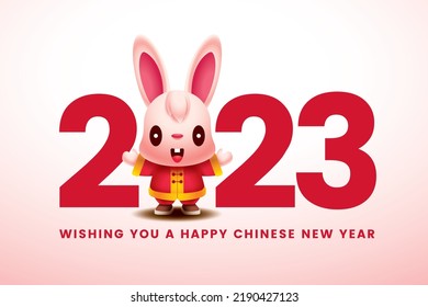 Chinese New Year 2023. Cartoon cute long ears rabbit wearing traditional costume with greeting hand stand in big 2023 numbers sign. Rabbit year 2023 zodiac vector
