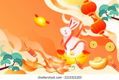 Chinese New Year 2023, Celebrating the New Year of the Rabbit with ingots and money in the background, vector illustration