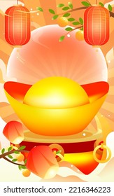 Chinese New Year 2023, Celebrating the New Year of the Rabbit with ingots and money in the background, vector illustration
