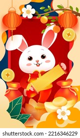 Chinese New Year 2023, Celebrating the New Year of the Rabbit with ingots and money in the background, vector illustration