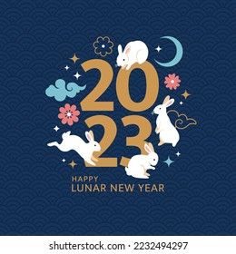 Chinese New Year 2023 concept. Vector illustration in cartoon flat style with the number 2023 surrounded by white rabbits, clouds and flowers in Chinese graphic style. Isolated on dark blue background