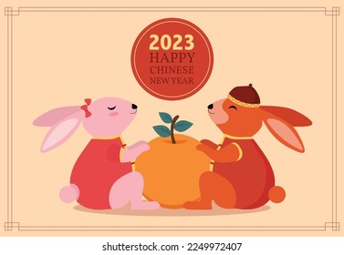 Chinese new year 2023, Year of the cute rabbit greeting card design with orange fruit.Vector illustrations.translation: Auspicious year of the rabbit