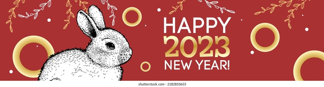 Chinese New Year 2023 design template. Year of the rabbit. Hand drawn sketch style bunny, hare on a red background. Vector banner.