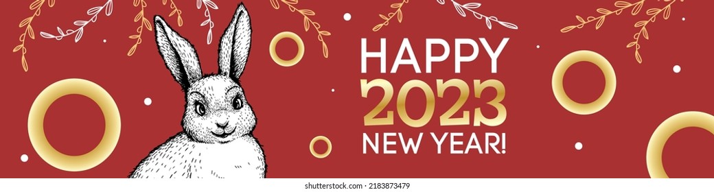 Chinese New Year 2023 design template. Year of the rabbit. Hand drawn sketch style bunny, hare on a red background. Vector banner.