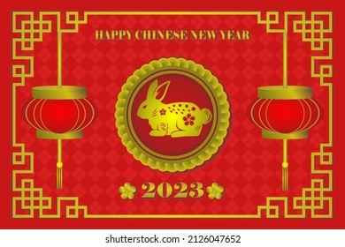 chinese new year 2023 flat design with rabbit logo on red gold ornament background