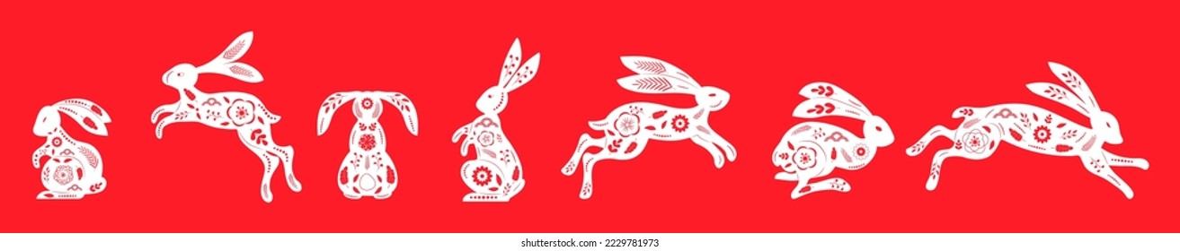 Chinese New Year 2023. Golden Christmas bunny with asian ornament. Symbol of new year according to eastern Asia calendar hare vector for poster, banner, web.