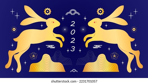 Chinese New Year 2023. Golden Christmas bunnies on blue background. Symbol of new year according to eastern Asia calendar hare vector for poster, banner, web.