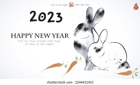 Chinese new year 2023 greeting card with cute rabbits in oriental ink wash painting style. Traditional oriental ink painting sumi-e, u-sin, go-hua. Hieroglyph - rabbit