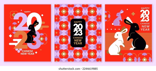 Chinese New Year 2023 greeting cards collection. Three vector cartoon illustrations with abstract rabbits, flowers, and stars in a modern flat style