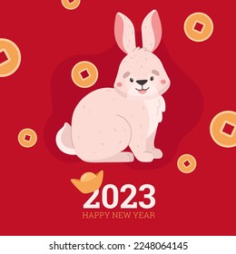 Chinese New Year 2023 greeting card with cute rabbit, flat vector illustration. Red and gold poster with concept of New Year celebration.